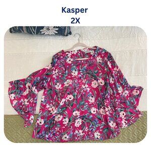 Kasper Floral Printed Ruffle-Sleeve 2X Blouse
